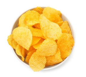 Photo of Tasty potato chips in bowl isolated on white, top view