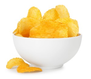 Photo of Tasty potato chips in bowl isolated on white