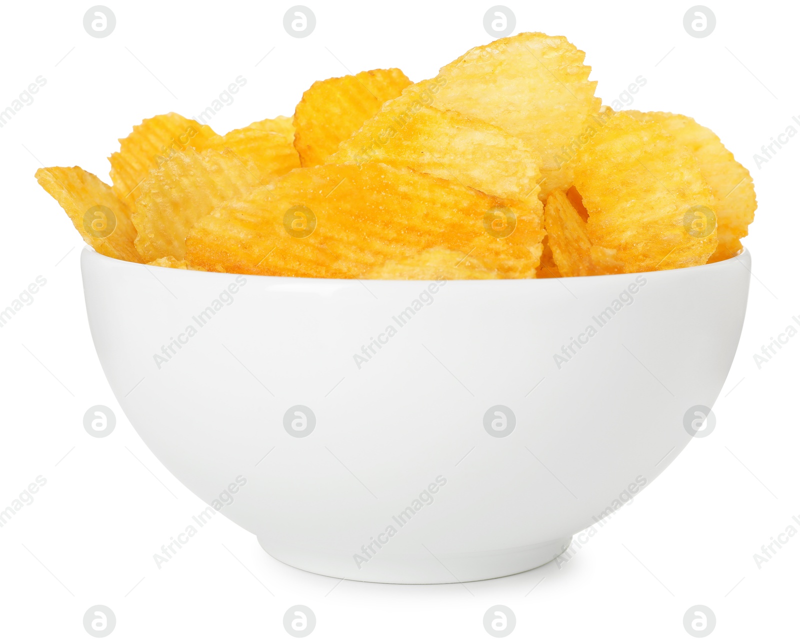 Tasty potato chips in bowl isolated on white Photo of Tasty potato chips in bowl isolated on white