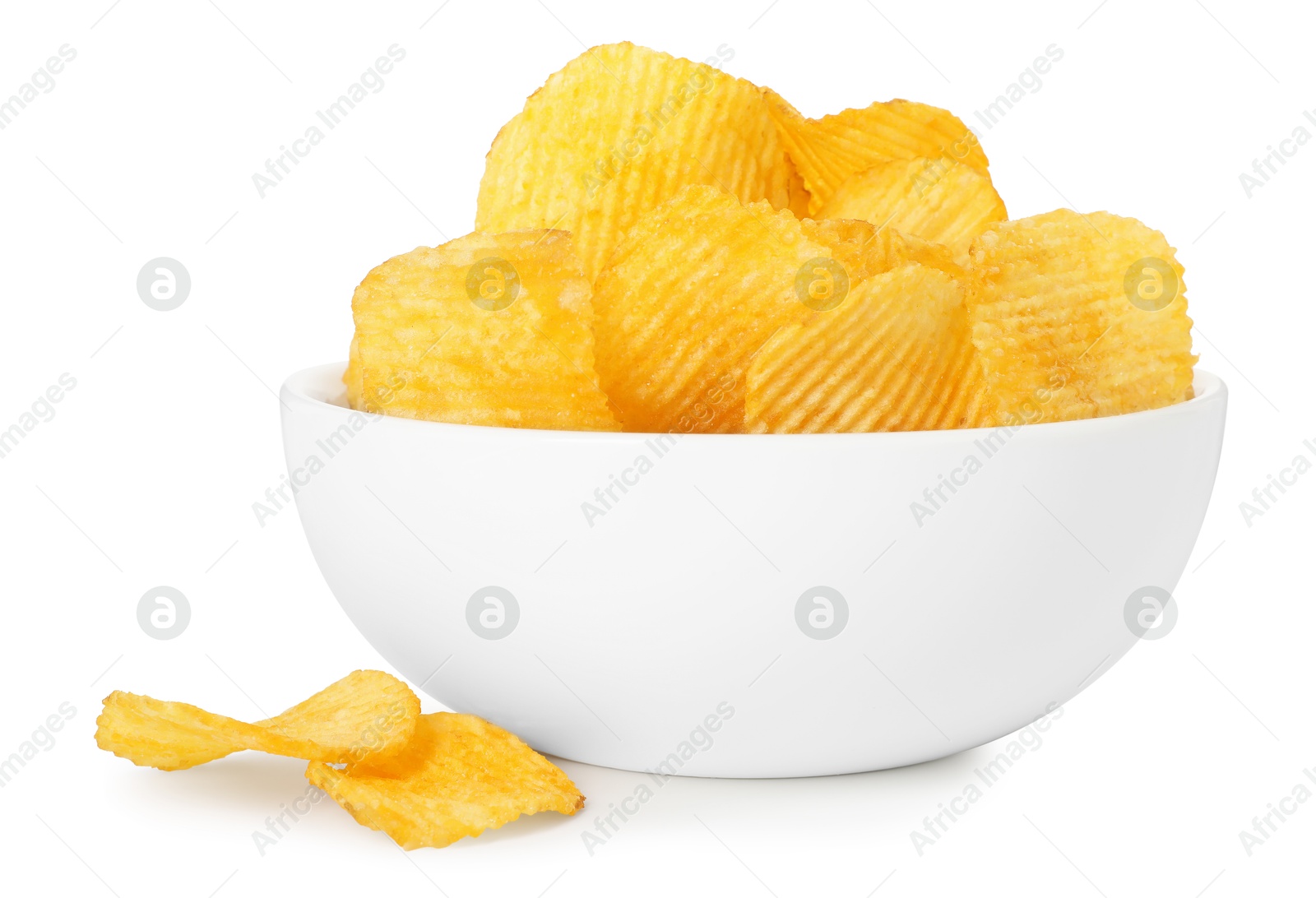 Tasty potato chips in bowl isolated on white Photo of Tasty potato chips in bowl isolated on white