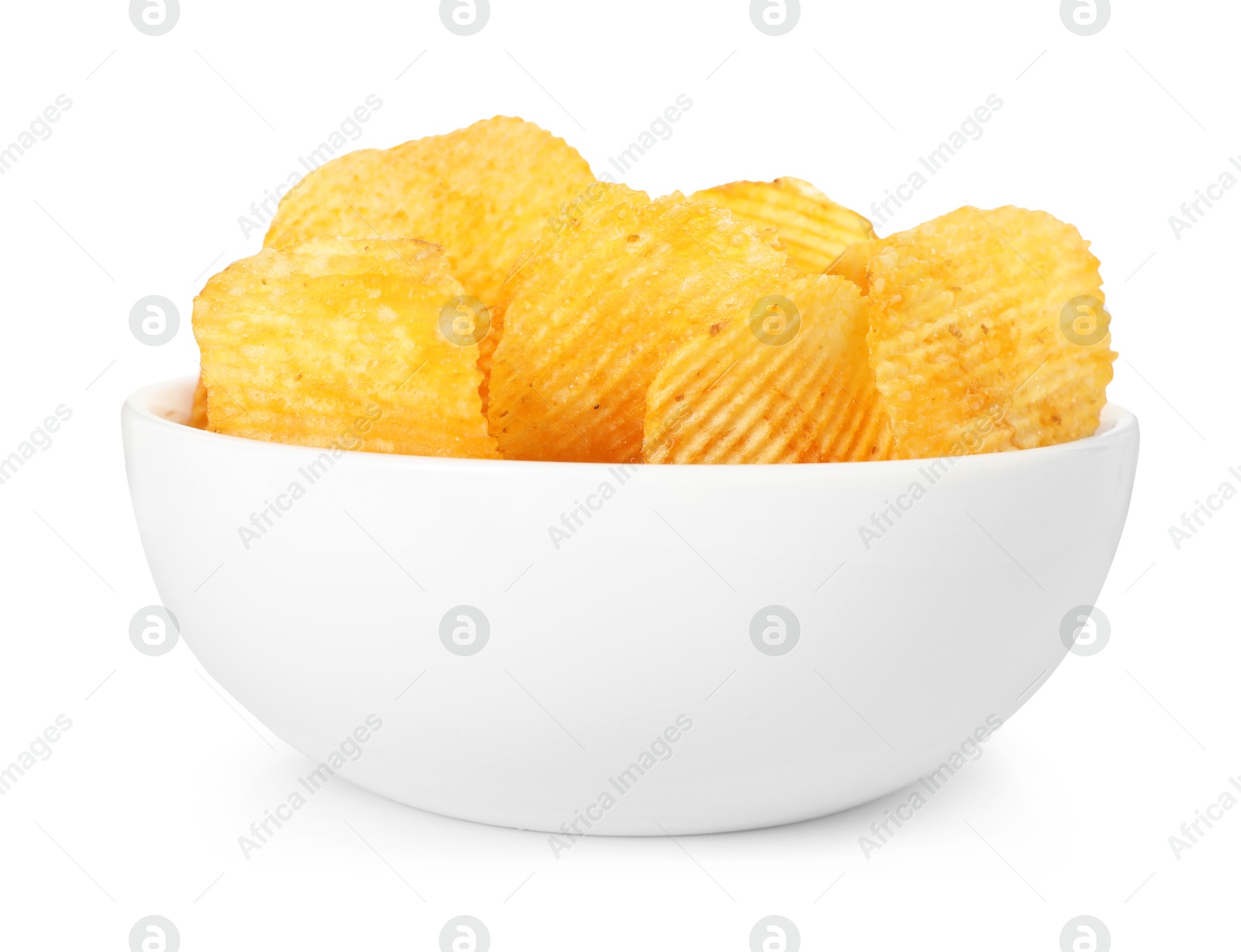 Tasty potato chips in bowl isolated on white Photo of Tasty potato chips in bowl isolated on white