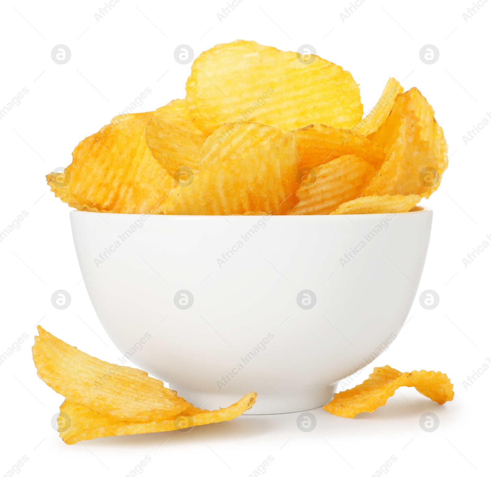 Tasty potato chips in bowl isolated on white Photo of Tasty potato chips in bowl isolated on white