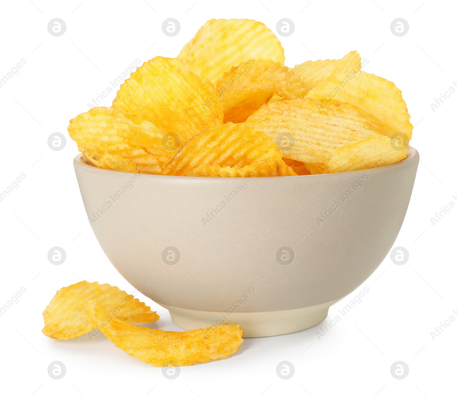 Tasty potato chips in bowl isolated on white Photo of Tasty potato chips in bowl isolated on white