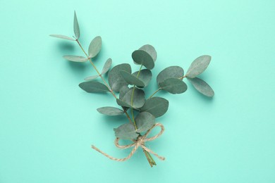 Photo of Beautiful eucalyptus branches on turquoise background, top view