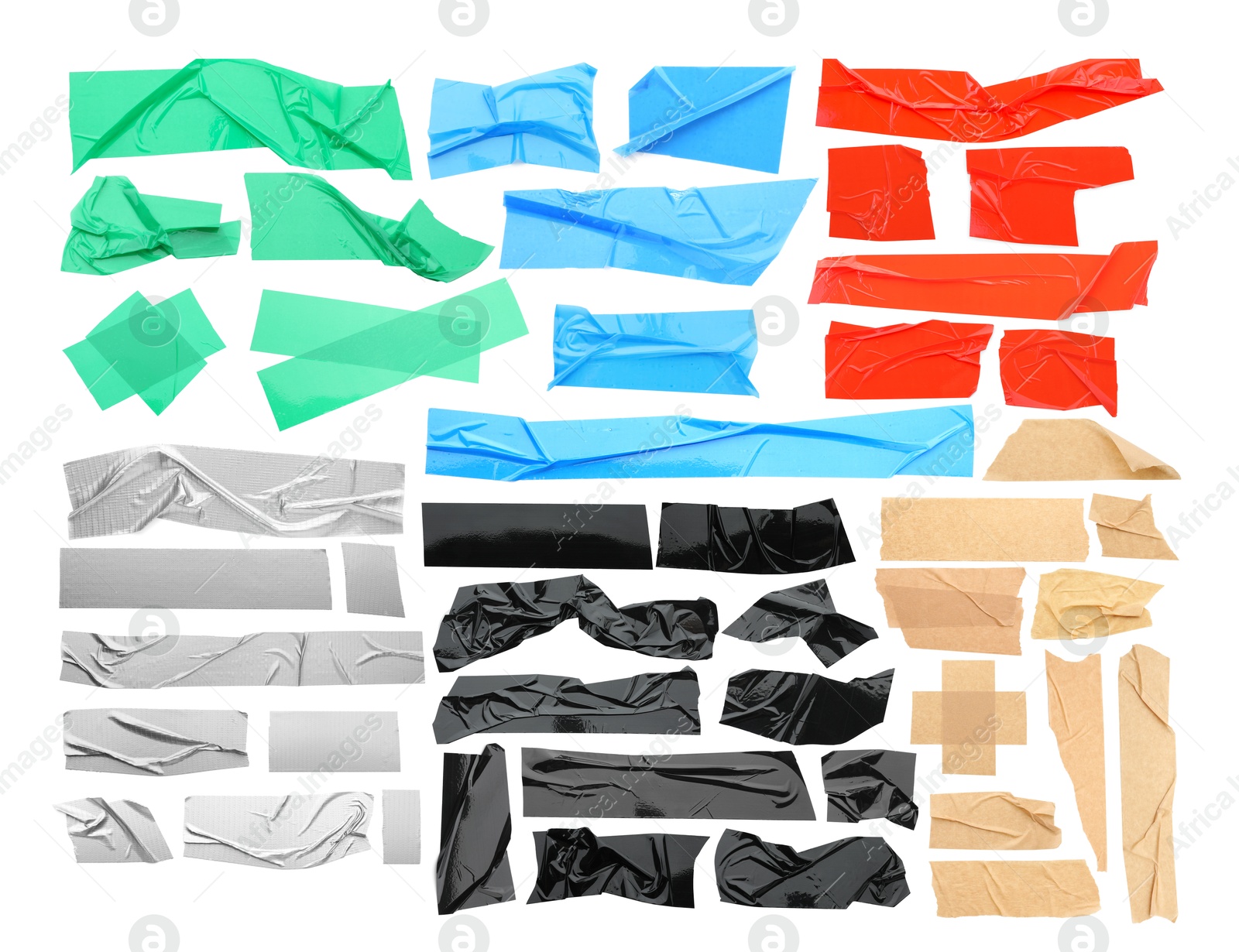 Pieces of different adhesive tapes isolated on white, set Image of Pieces of different adhesive tapes isolated on white, set