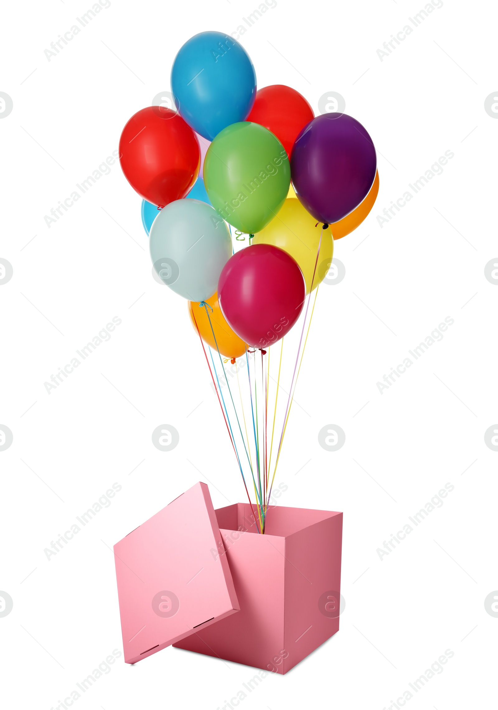 Bright balloons flying out of pink box on white background Image of Bright balloons flying out of pink box on white background