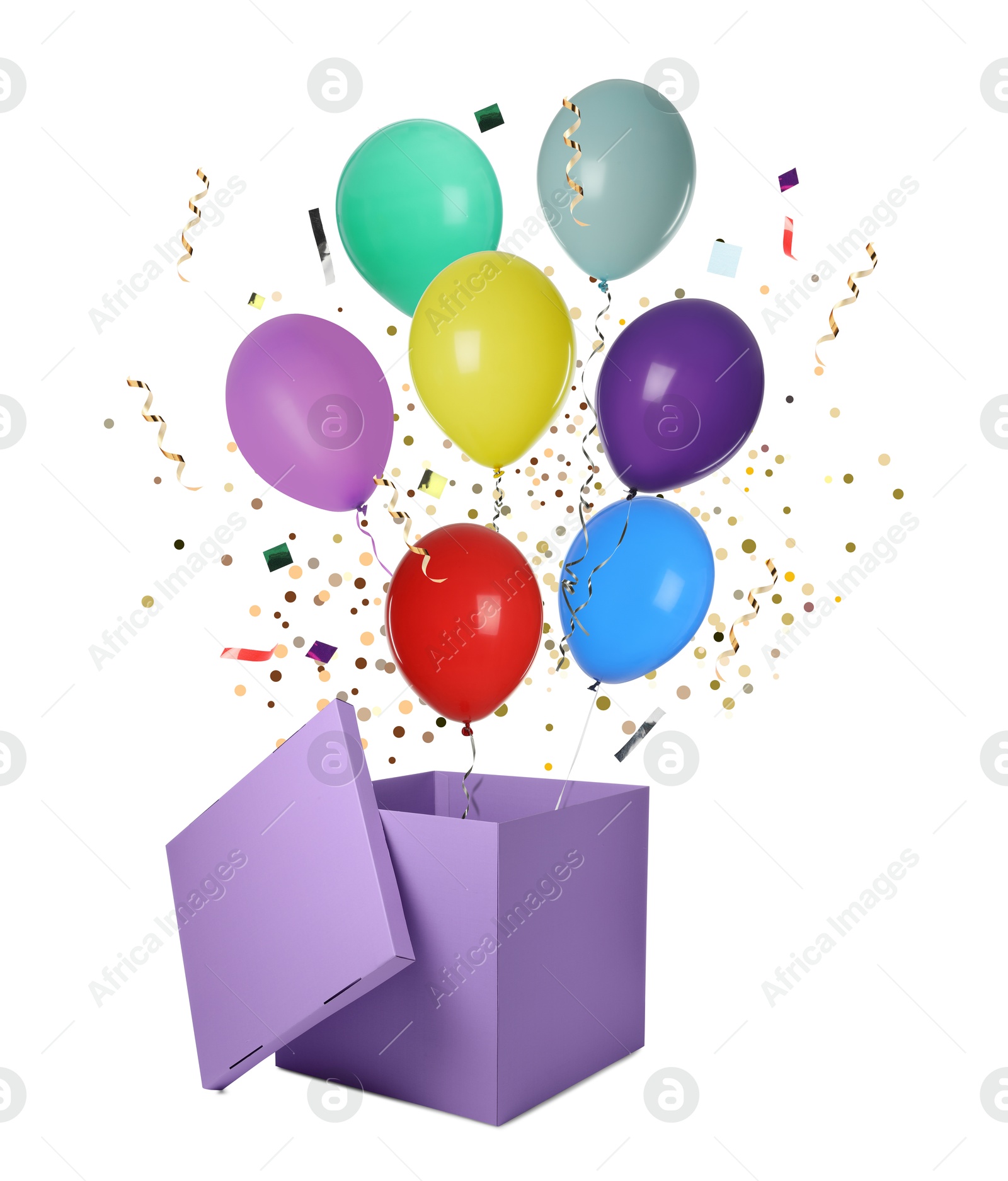 Bright balloons flying out of violet box on white background Image of Bright balloons flying out of violet box on white background