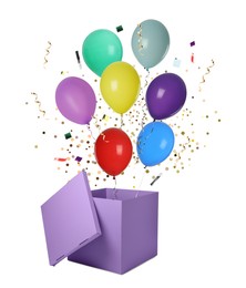 Image of Bright balloons flying out of violet box on white background