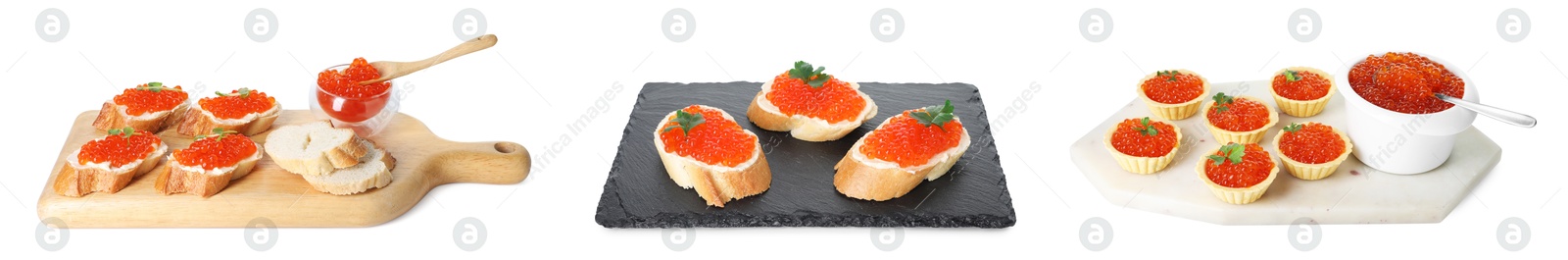 Yummy red caviar. Sandwiches and tartlets with salmon roe isolated on white, set Image of Yummy red caviar. Sandwiches and tartlets with salmon roe isolated on white, set
