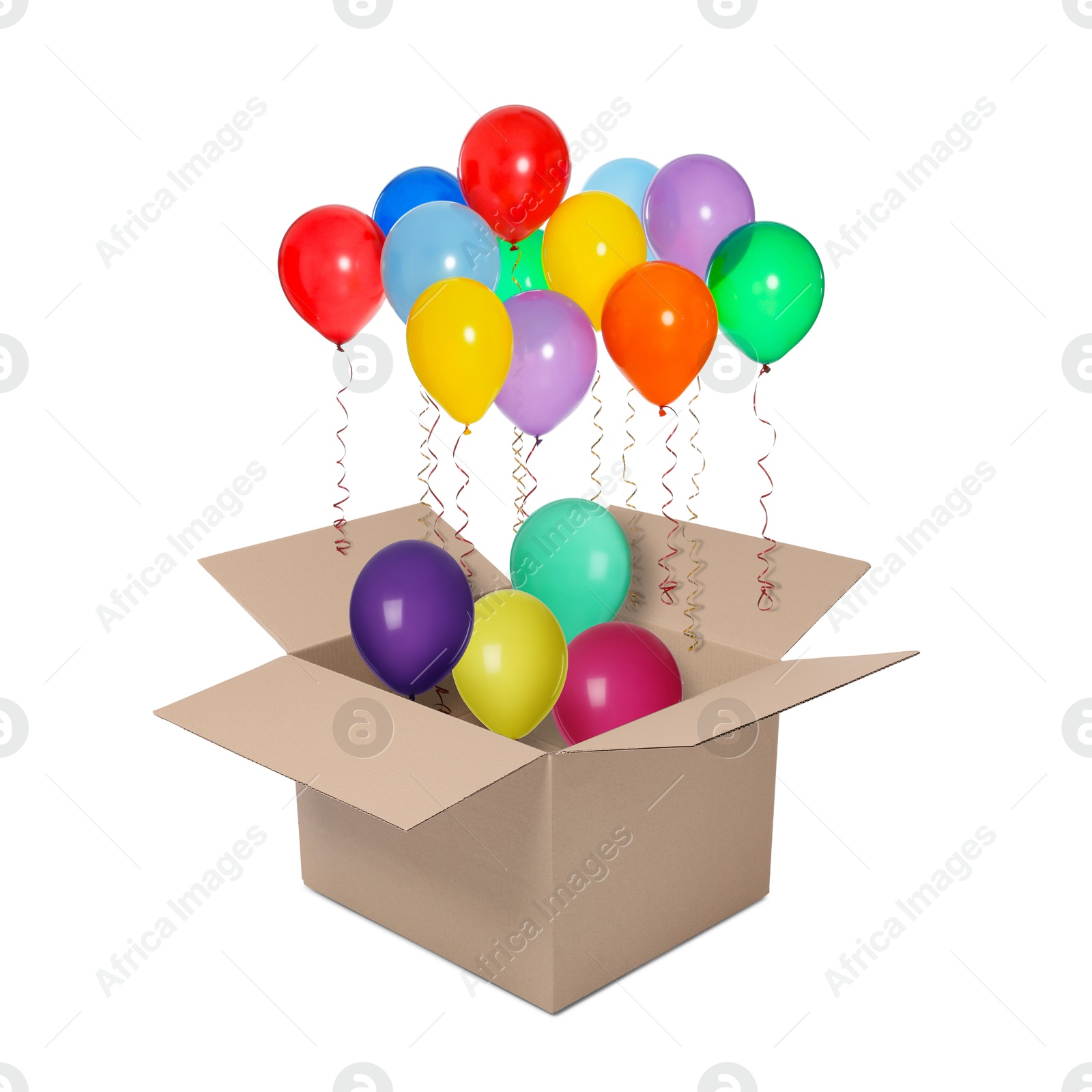 Bright balloons flying out of cardboard box on white background Image of Bright balloons flying out of cardboard box on white background