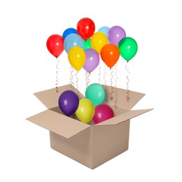 Image of Bright balloons flying out of cardboard box on white background