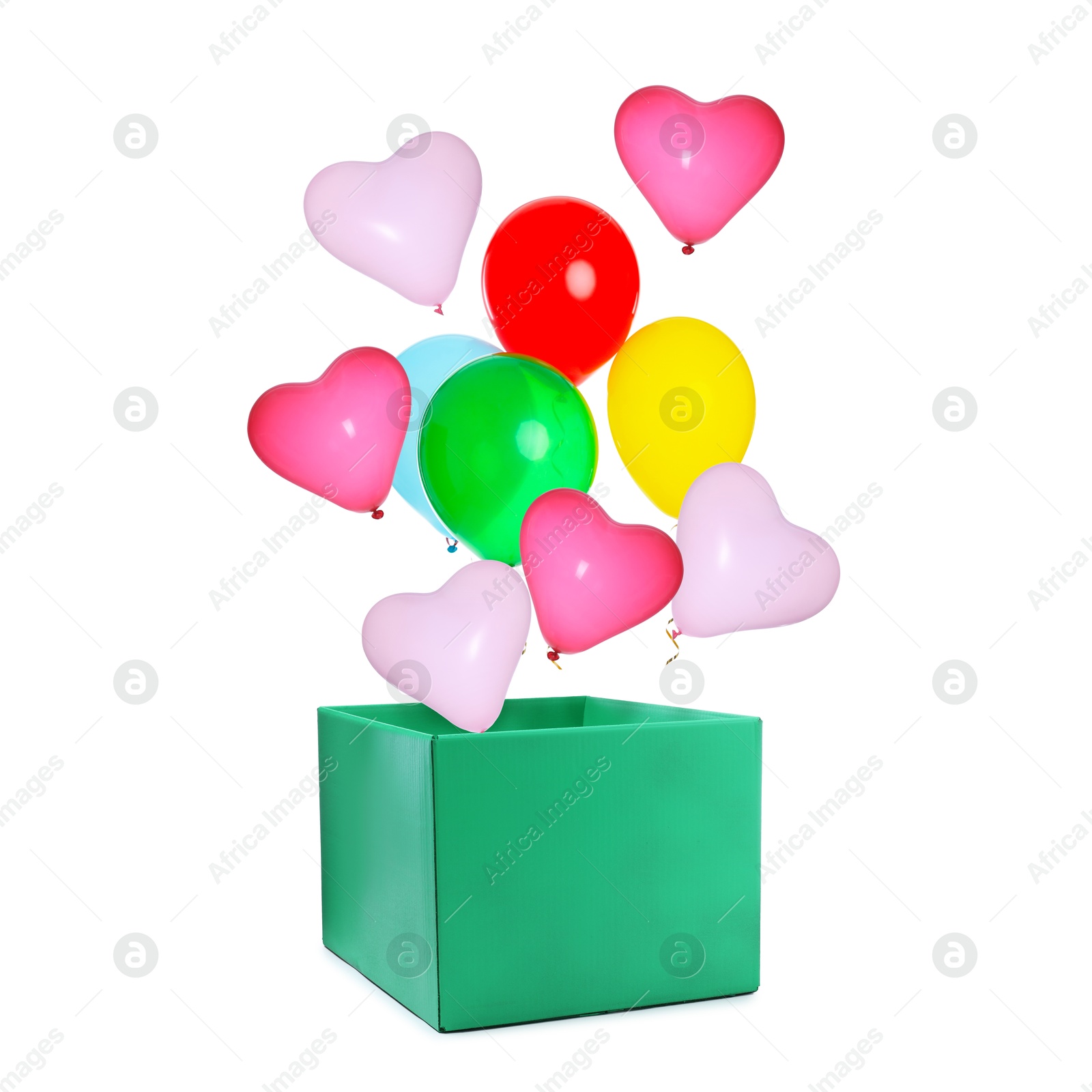 Bright balloons flying out of green box on white background Image of Bright balloons flying out of green box on white background