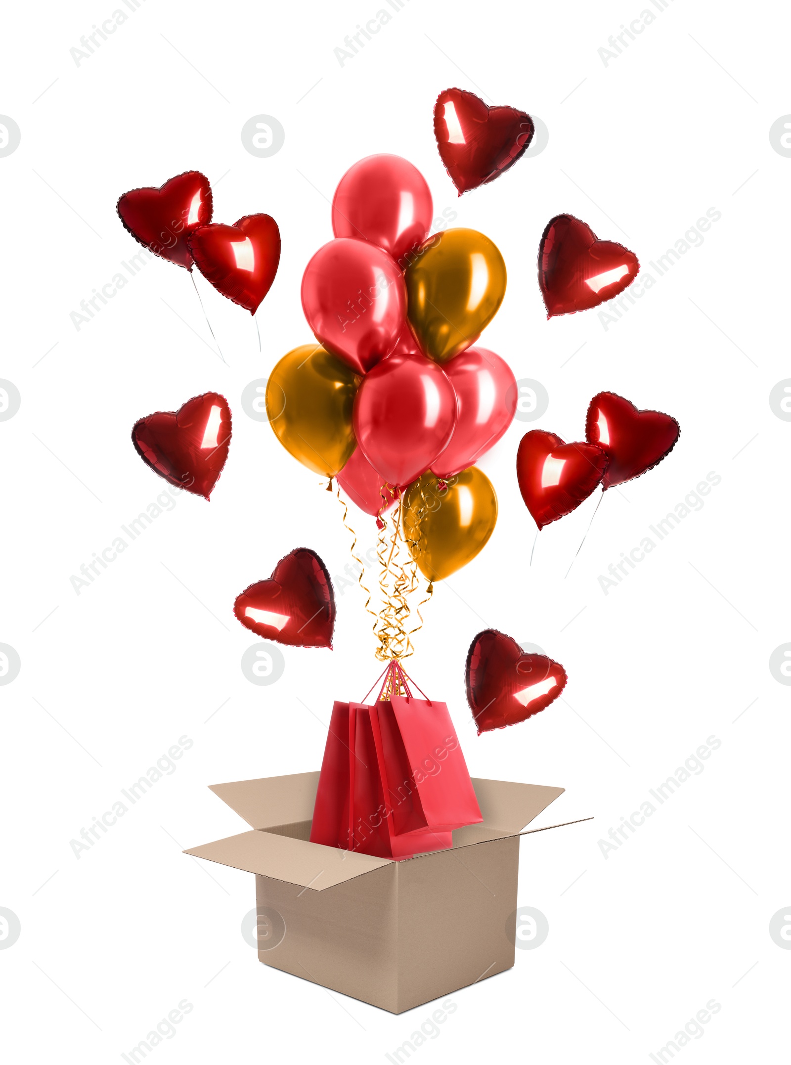 Bright balloons with shopping bags flying out of cardboard box on white background Image of Bright balloons with shopping bags flying out of cardboard box on white background