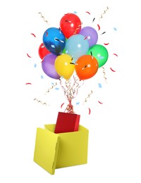 Image of Bright balloons with shopping bags flying out of yellow box on white background