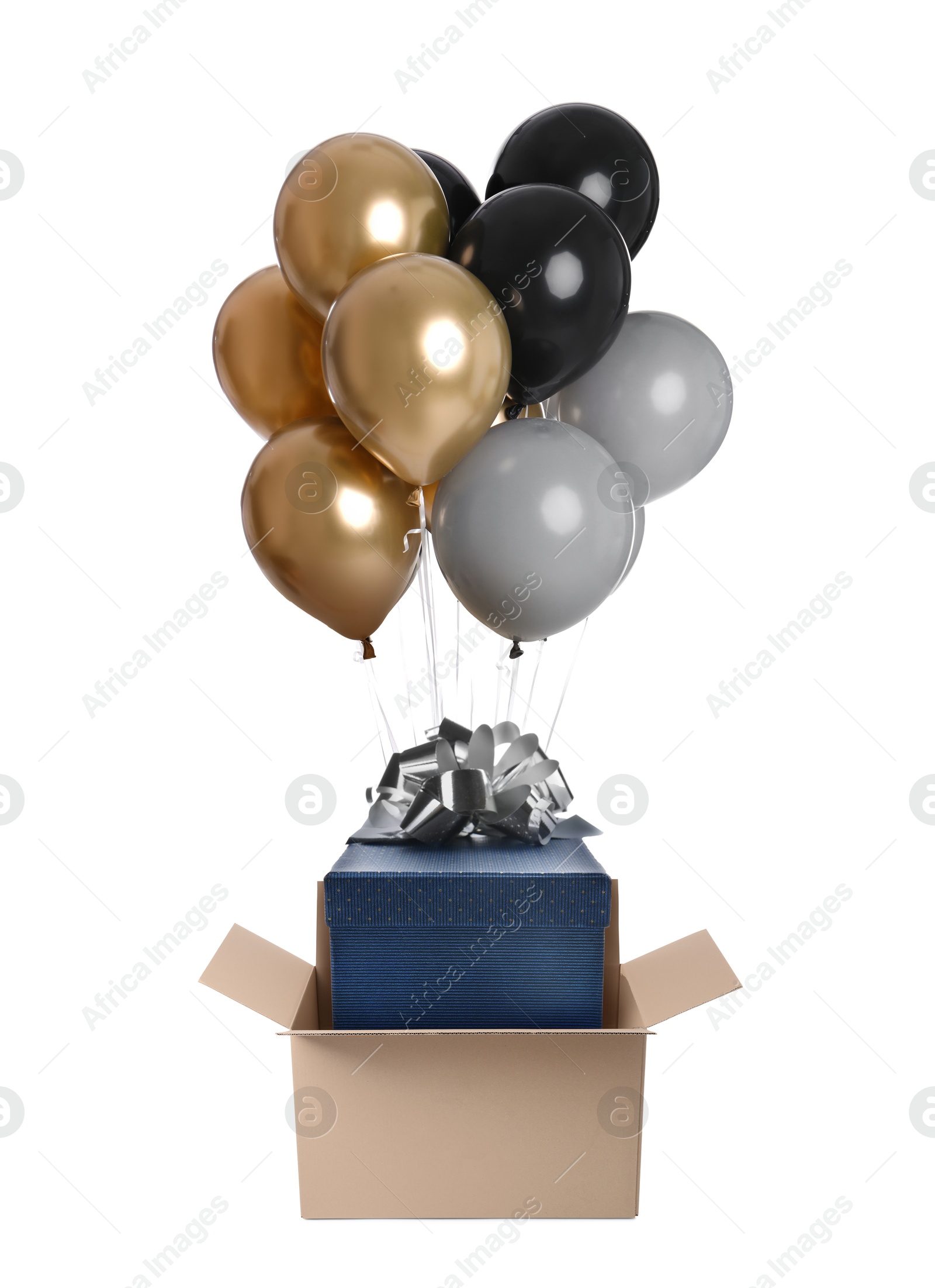 Bright balloons with gift flying out of cardboard box on white background Image of Bright balloons with gift flying out of cardboard box on white background