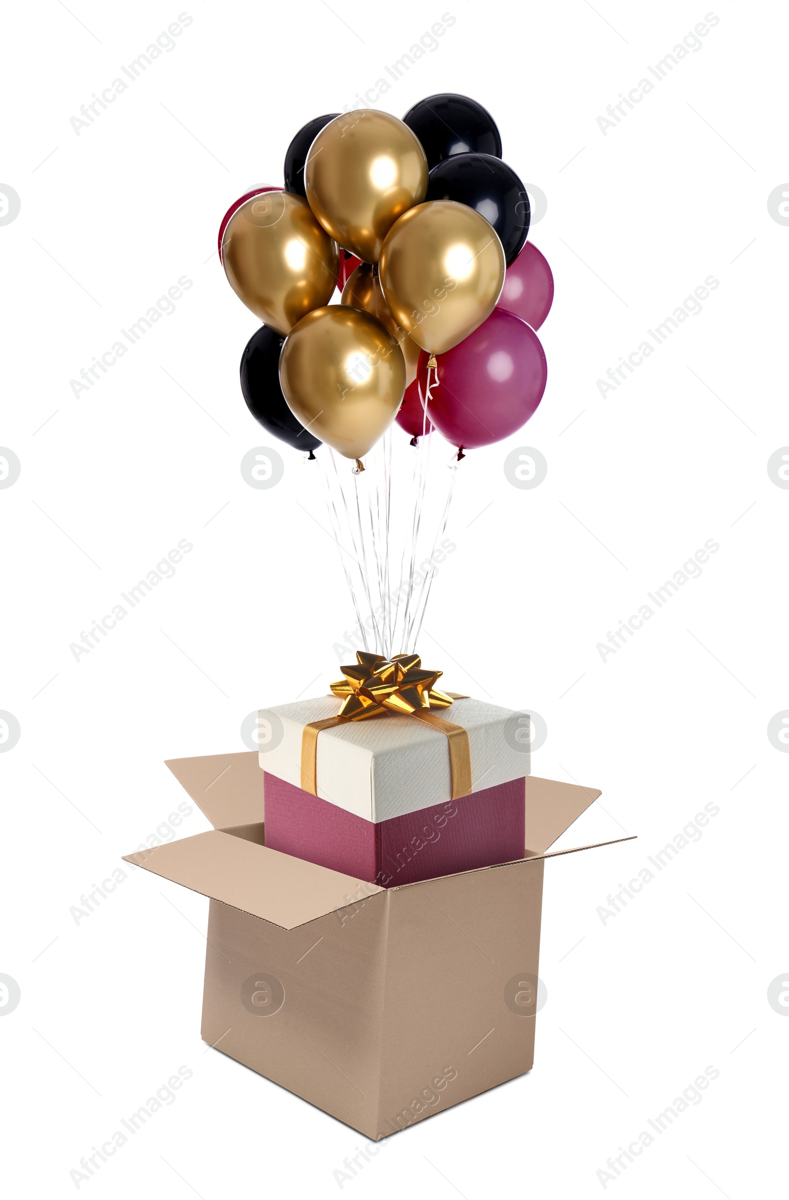 Bright balloons with gift flying out of cardboard box on white background Image of Bright balloons with gift flying out of cardboard box on white background