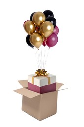 Image of Bright balloons with gift flying out of cardboard box on white background