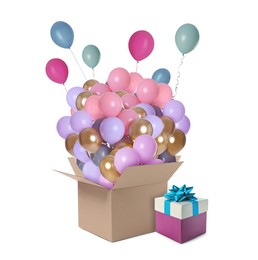 Image of Bright balloons flying out of cardboard box near gift on white background