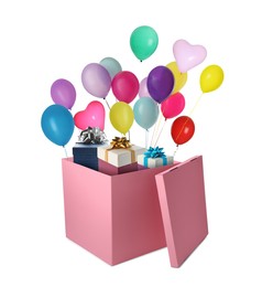 Image of Bright balloons with gifts flying out of pink box on white background
