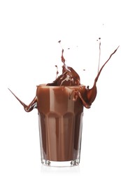 Photo of Tasty chocolate milk splashing in glass isolated on white