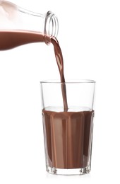 Photo of Pouring tasty chocolate milk into glass on white background, closeup