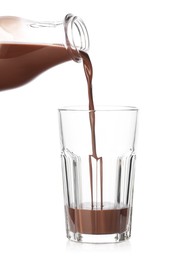 Photo of Pouring tasty chocolate milk into glass on white background, closeup
