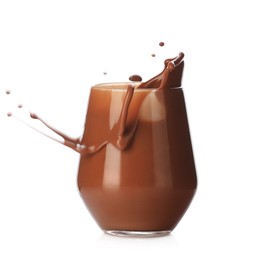 Photo of Tasty chocolate milk splashing in glass isolated on white