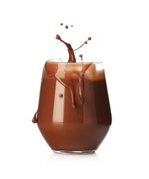 Photo of Tasty chocolate milk splashing in glass isolated on white