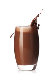 Photo of Tasty chocolate milk splashing in glass isolated on white