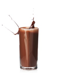 Photo of Tasty chocolate milk splashing in glass isolated on white
