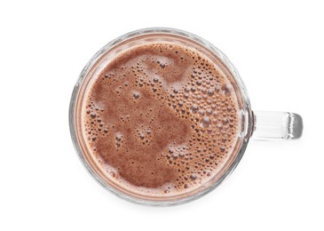 Photo of Tasty chocolate milk in glass cup isolated on white, top view