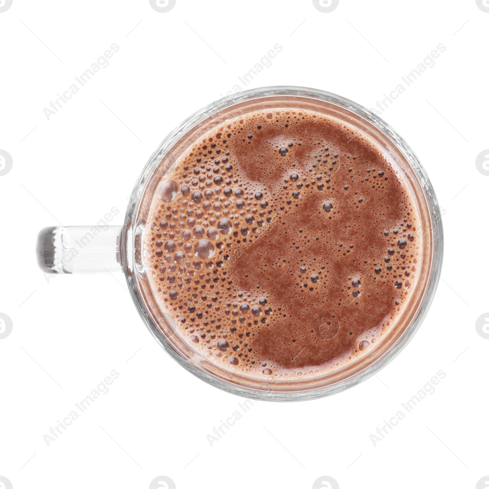 Tasty chocolate milk in glass cup isolated on white, top view Photo of Tasty chocolate milk in glass cup isolated on white, top view