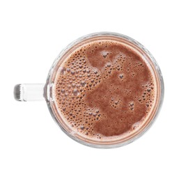 Photo of Tasty chocolate milk in glass cup isolated on white, top view
