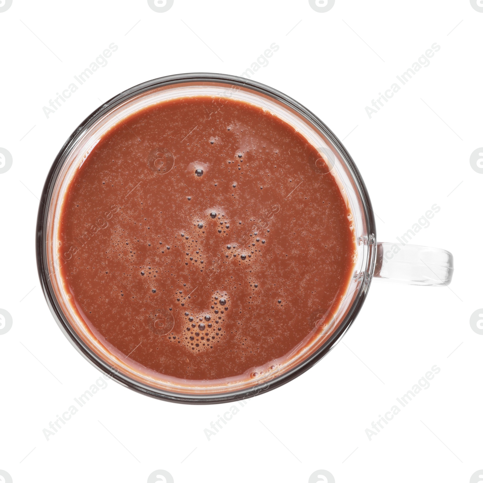 Tasty chocolate milk in glass cup isolated on white, top view Photo of Tasty chocolate milk in glass cup isolated on white, top view