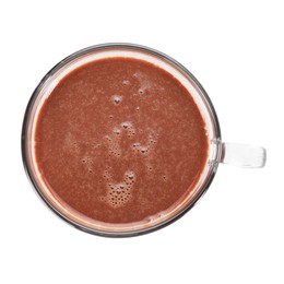 Photo of Tasty chocolate milk in glass cup isolated on white, top view