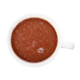 Photo of Tasty chocolate milk in glass cup isolated on white, top view