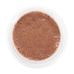 Photo of Tasty chocolate milk in plastic cup isolated on white, top view