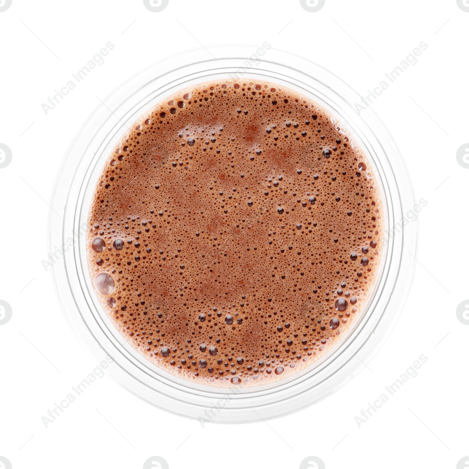 Tasty chocolate milk in plastic cup isolated on white, top view Photo of Tasty chocolate milk in plastic cup isolated on white, top view