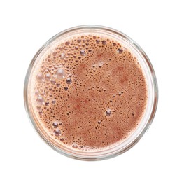 Photo of Tasty chocolate milk in glass isolated on white, top view