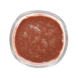 Photo of Tasty chocolate milk in glass isolated on white, top view