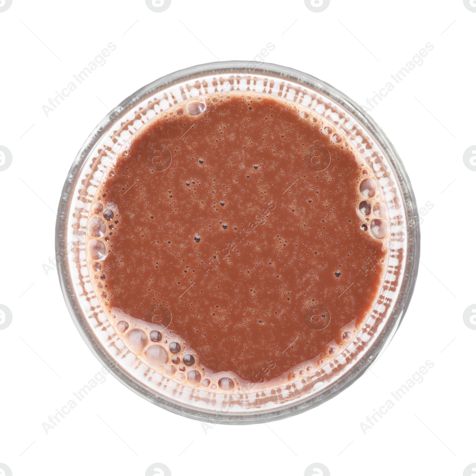 Tasty chocolate milk in glass isolated on white, top view Photo of Tasty chocolate milk in glass isolated on white, top view