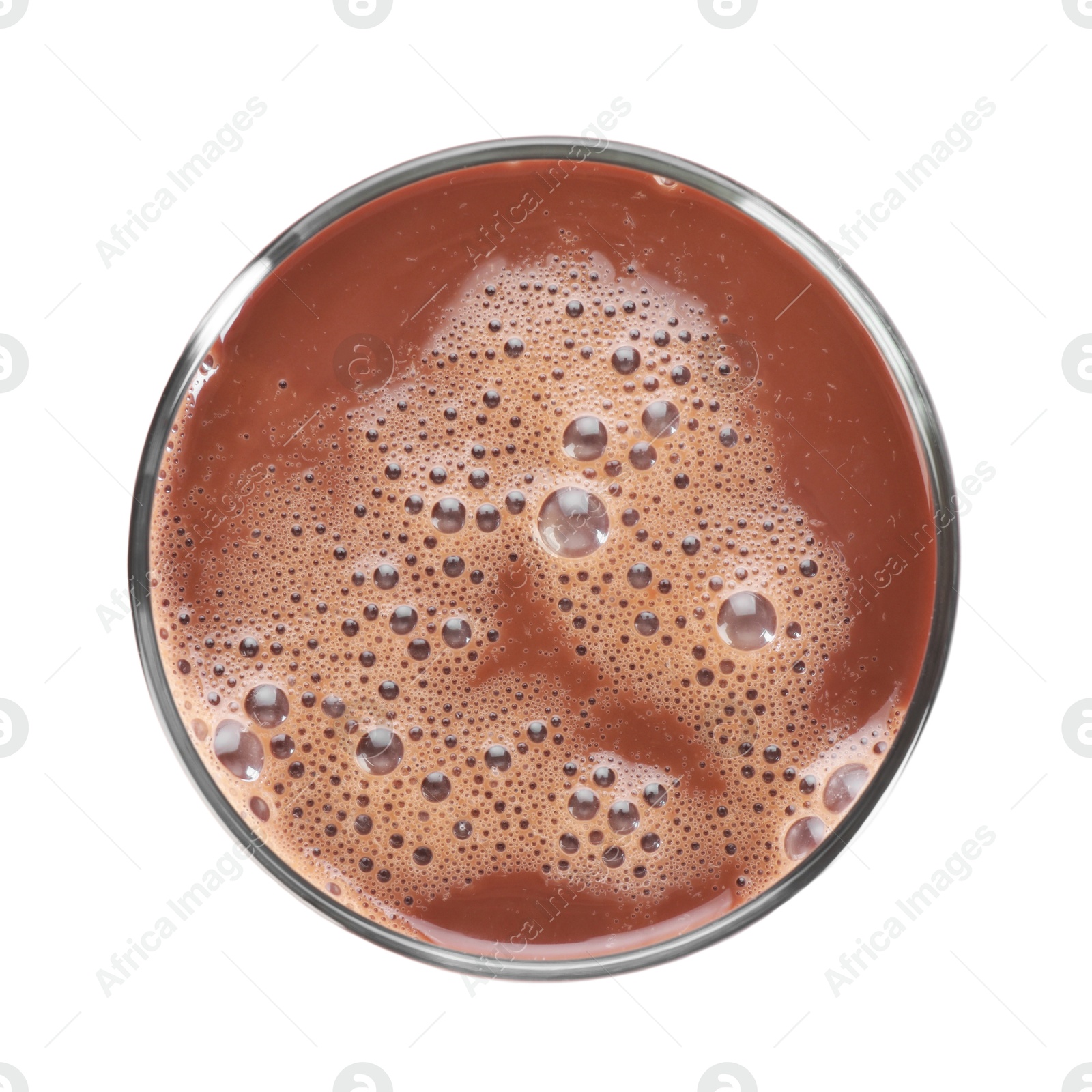 Tasty chocolate milk in glass isolated on white, top view Photo of Tasty chocolate milk in glass isolated on white, top view