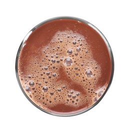 Photo of Tasty chocolate milk in glass isolated on white, top view