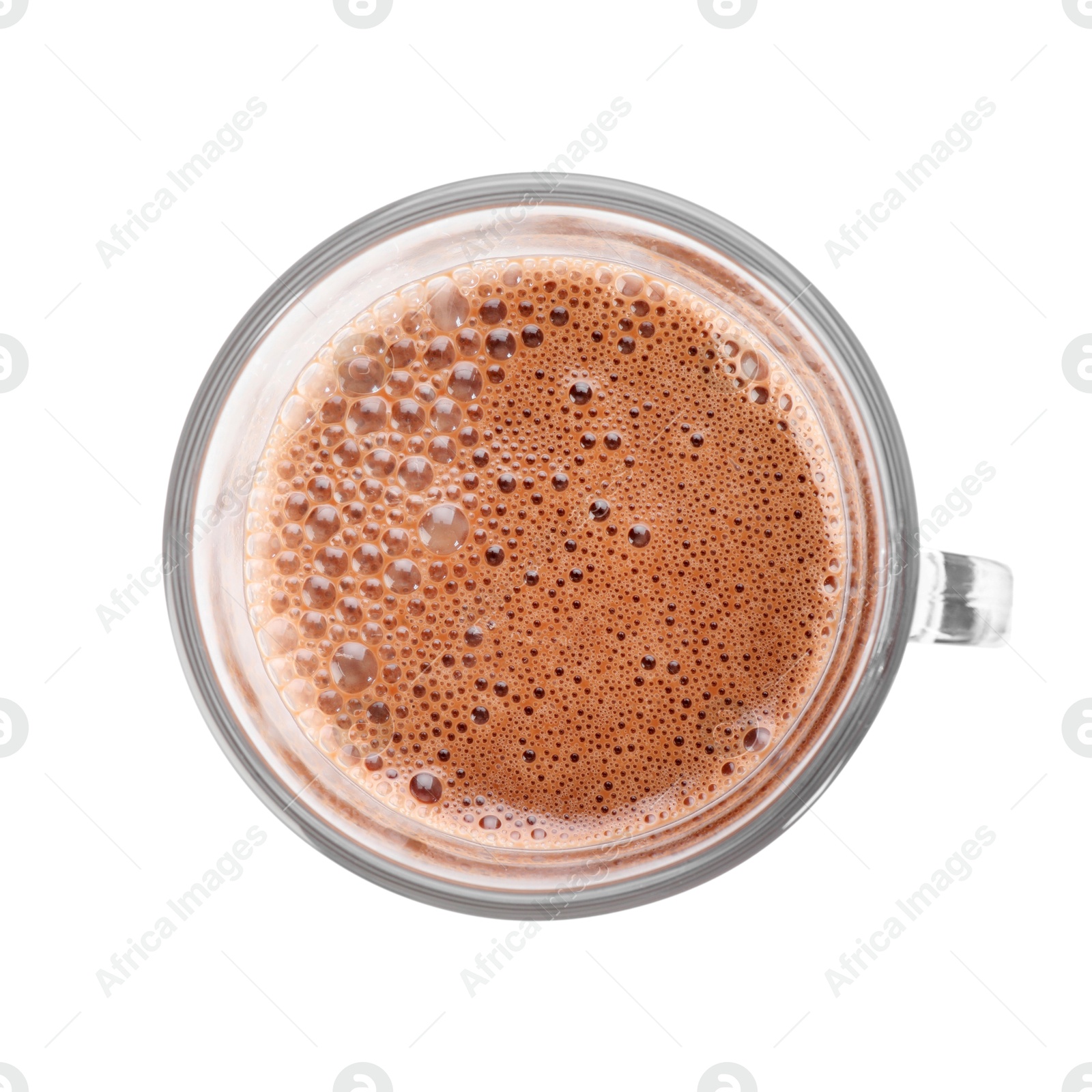 Tasty chocolate milk in glass cup isolated on white, top view Photo of Tasty chocolate milk in glass cup isolated on white, top view