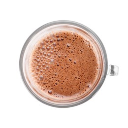 Photo of Tasty chocolate milk in glass cup isolated on white, top view
