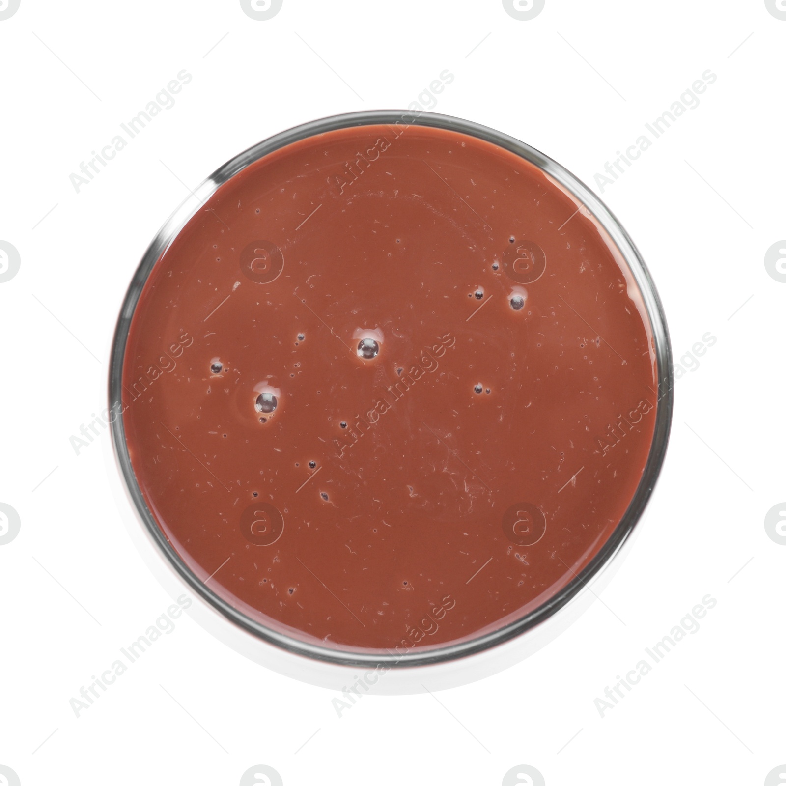 Tasty chocolate milk in glass isolated on white, top view Photo of Tasty chocolate milk in glass isolated on white, top view