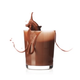Photo of Tasty chocolate milk splashing in glass isolated on white