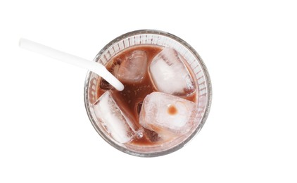 Photo of Tasty chocolate milk in glass isolated on white, top view