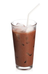 Photo of Tasty chocolate milk in glass isolated on white