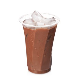 Photo of Tasty chocolate milk in plastic cup isolated on white